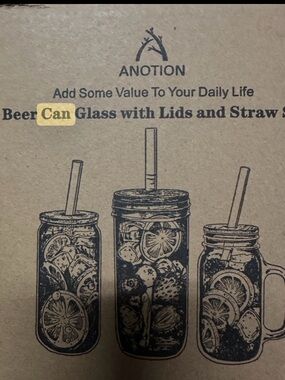 NIB Anotion Beer Can Glasses with Bamboo Lids and Straws set of 4 20oz party